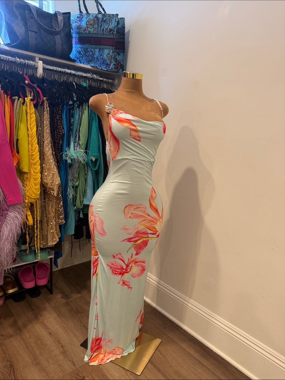 Fashion Nova Mint Floral Slip Maxi Dress with Pink-Orange Blooms